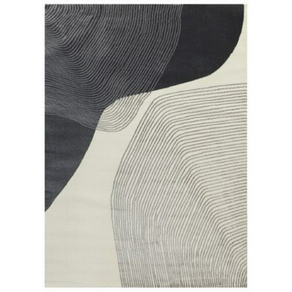 Benjara Veer 5 x 7 Area Rug, Linear Abstract Pattern, Polyester, Wool, Gray, Ivory