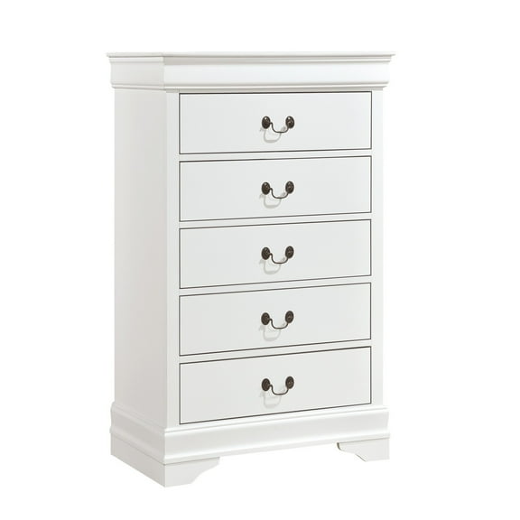 Benjara Vele 49 Inch Tall Dresser Chest, 5 Drawers, Brass Tone Metal, White Wood