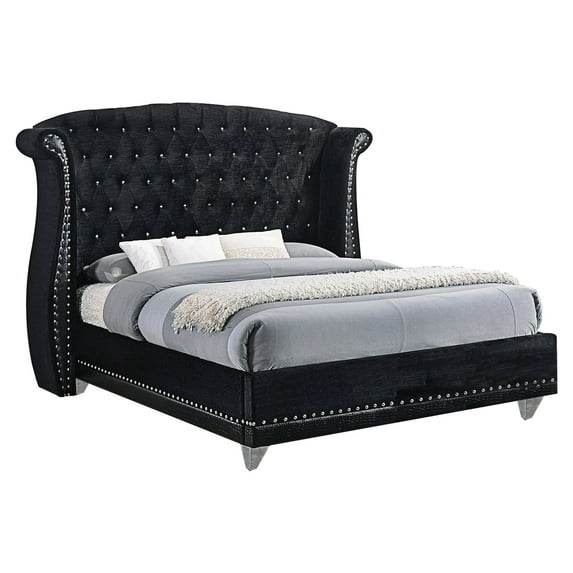 Benjara Velvet Upholstered Wooden Queen Size Bed with Shelter Style Headboard,Black