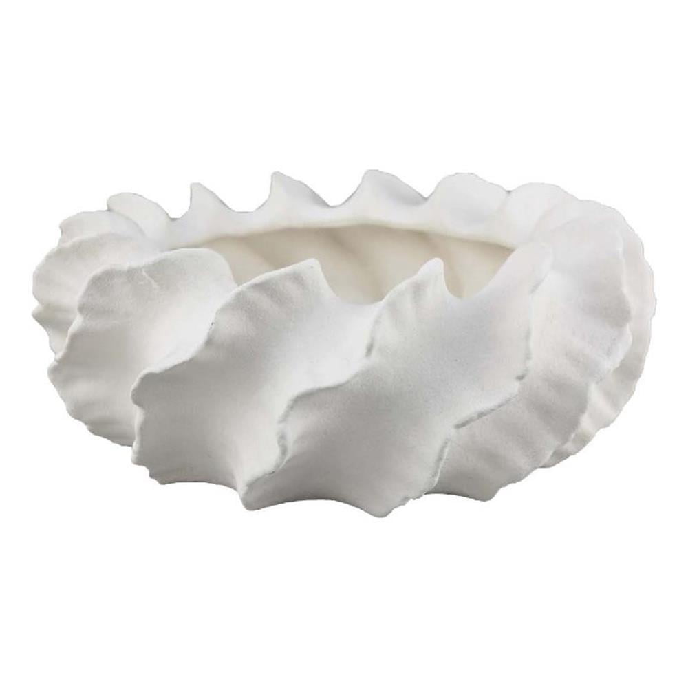 Benjara Velz Decorative Planter- 16" Wavy Edge- Matte White Ceramic