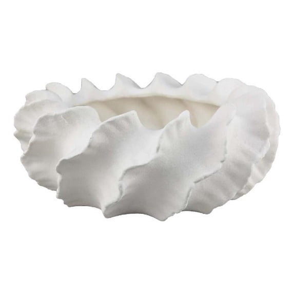 Benjara Velz Decorative Planter- 16" Wavy Edge- Matte White Ceramic