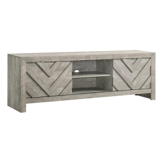 Benjara Velz TV Media Stand Console- 2 Chevron Doors- Open Shelves- Beige