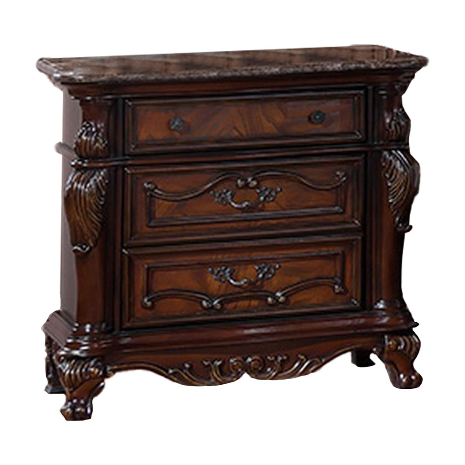 Venta Nightstand, 3 Drawers, Carved Details, Cherry Brown Solid Wood Frame