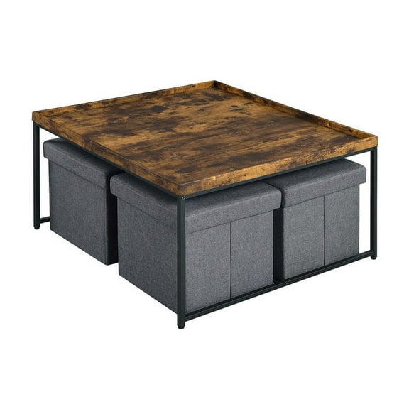 Veny 5 Piece Coffee Table Set, 4 Storage Nesting Ottoman, Brown, Black
