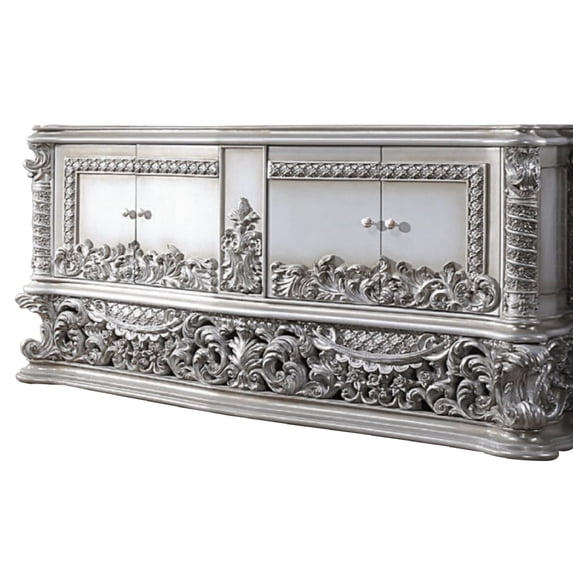 BenJara Vera 79 Inch Wood 4 Door Dresser, Ornate Floral Carving, Gray, Light Gold