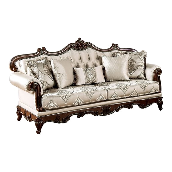 Vera 90 Inch Sofa, Button Tufted Beige Rolled Arms, Cherry Brown Solid Wood