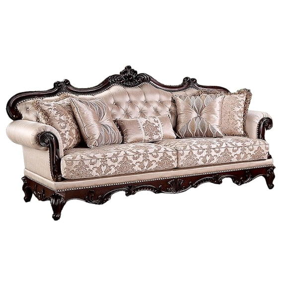 Vera 90 Inch Sofa, Button Tufted, Rolled Arms, Cherry Brown Solid Wood