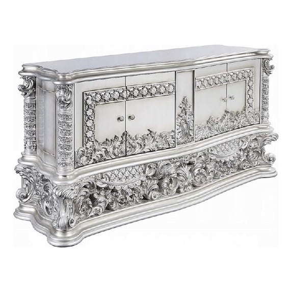 Benjara Vera Sideboard Buffet Console- 79" 4 Doors- Platinum Floral Scroll