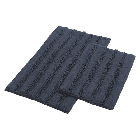 Veria 2 Piece Bath Mat with Textured Loops Details The Urban Port, Navy Blue- Saltoro Sherpi