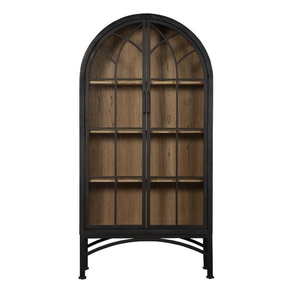 Veria China Cabinet, 2 Glass Door Arch Frame, Black Iron, 83 Inch
