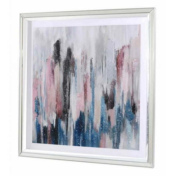 Wall Art with Abstract Design and Acrylic Mirror Frame, Silver and Blue- Saltoro Sherpi