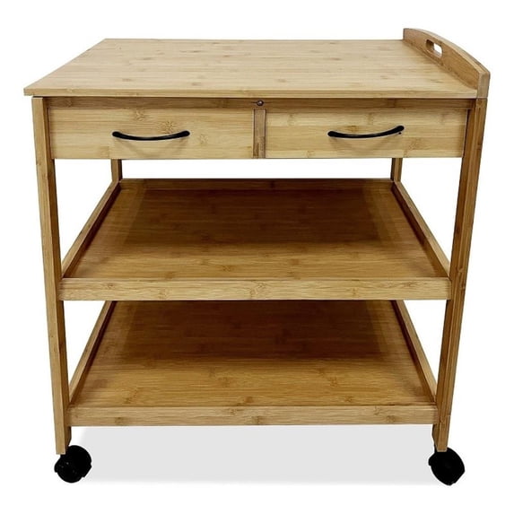Walter Kitchen Bar Cart- 2 Drawers- 2 Shelves- Brown Bamboo- Rolling Wheels