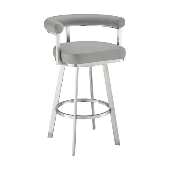 Benjara Weni 26 Inch Swivel Counter Stool, Barrel Open Back, Light Gray, Chrome