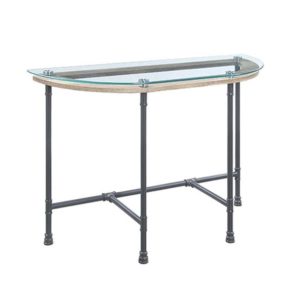Sofa Table with Oval Glass Top and Metal Pipe Style Legs Gray