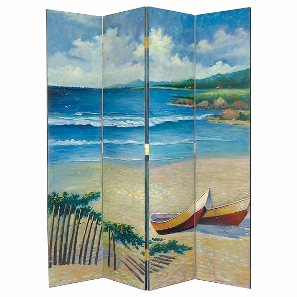 Image showcasing Benjara Wooden 4 Panel Room Divider with Coastal Print, Multicolor ...