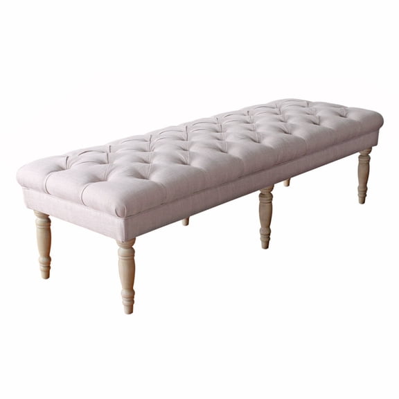 Benjara Wooden Bench with Button Tufted Fabric Upholstered Seat and Turned Legs, Cream