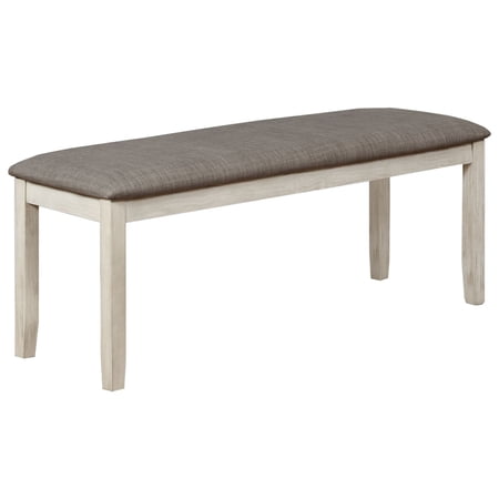 Wooden Bench with Fabric Upholstered Seat and Chamfered Legs,White and Gray- Saltoro Sherpi