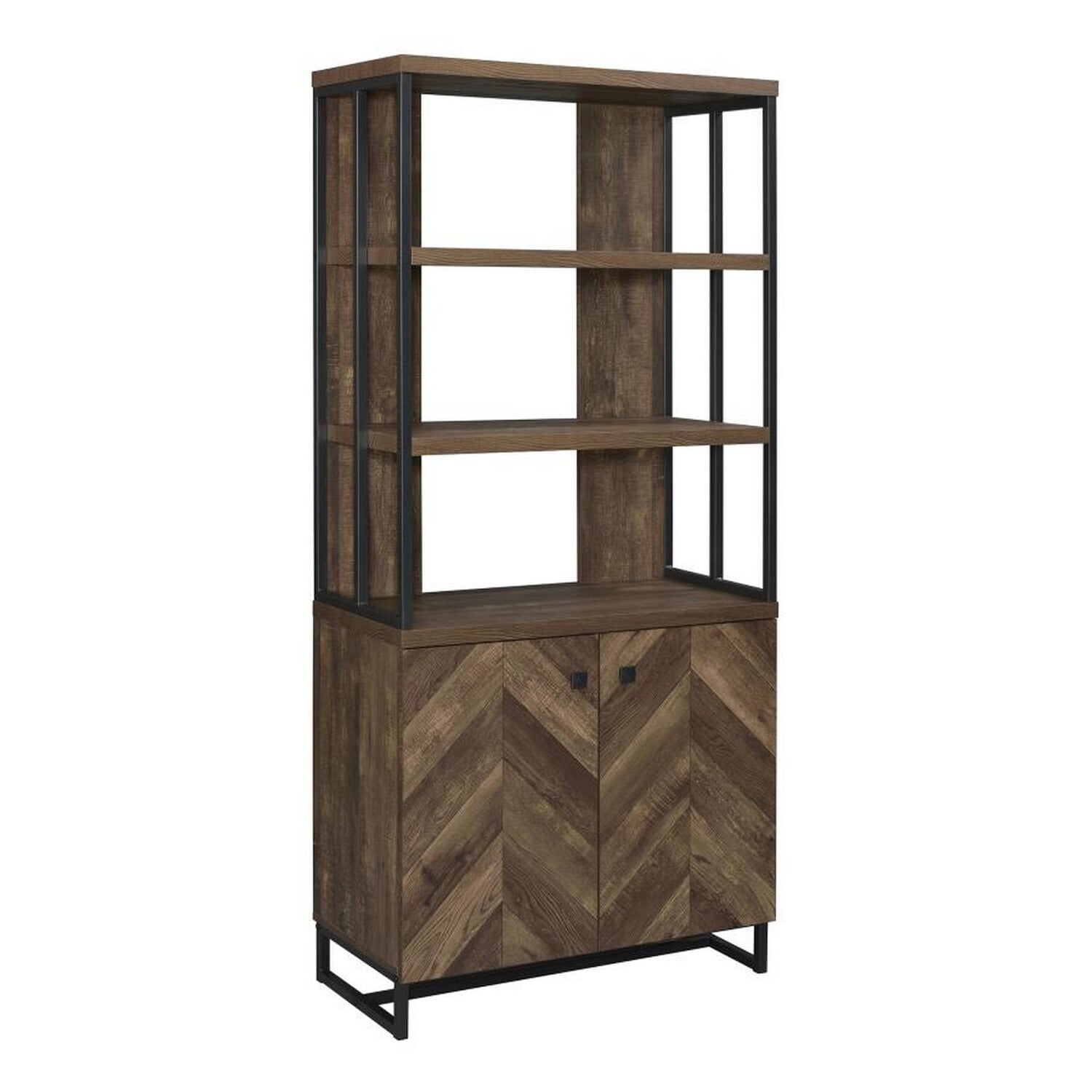 Transitional Herringbone 3-Tier Brown Wooden Bookcase with Doors