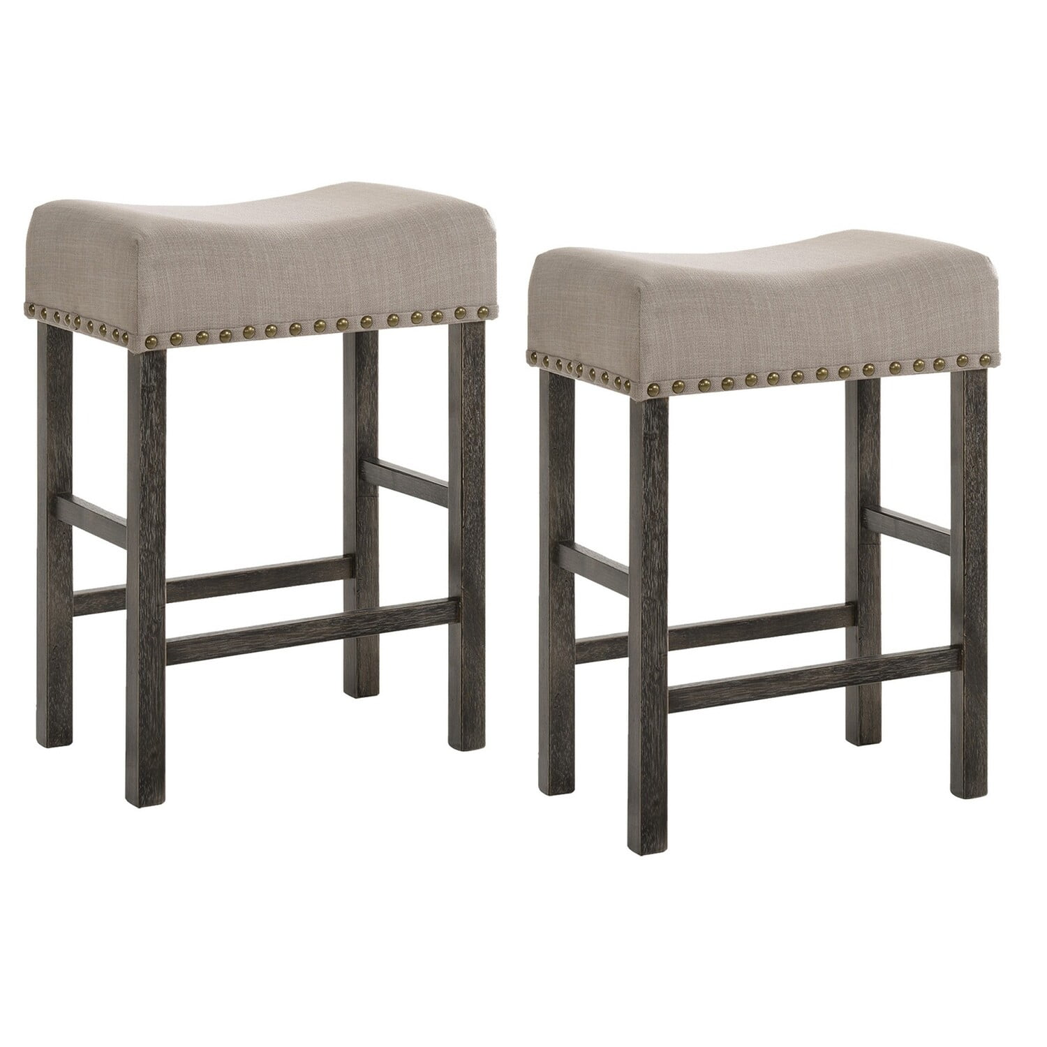 Gray Wood Saddle Counter Height Stools with Linen Upholstery