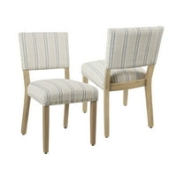 Wooden Dining Chair with Striped Pattern Fabric Cushioned Seat, Blue and White, Set of Two