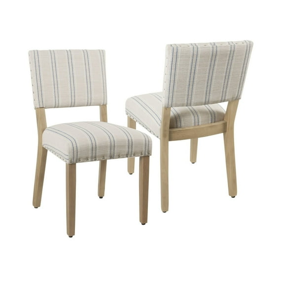 Wooden Dining Chair with Striped Pattern Fabric Cushioned Seat, Blue and White, Set of Two