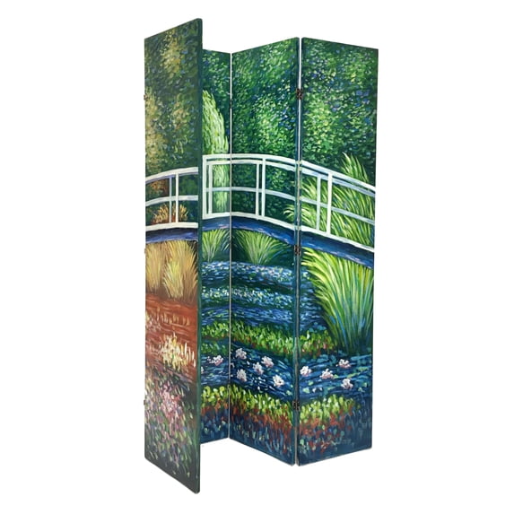 Benjara Wooden Double Sided 4 Panel Room Divider with Landscape Scene, Multicolor