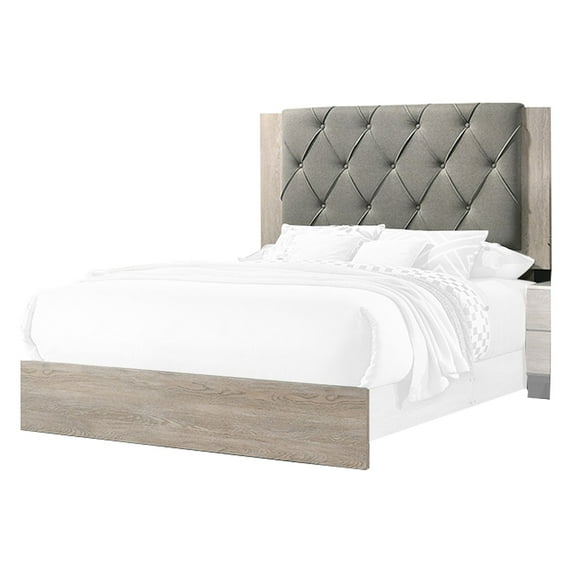 Benjara Wooden Eastern king Bed with Button Tufted Headboard, Gray and Cream