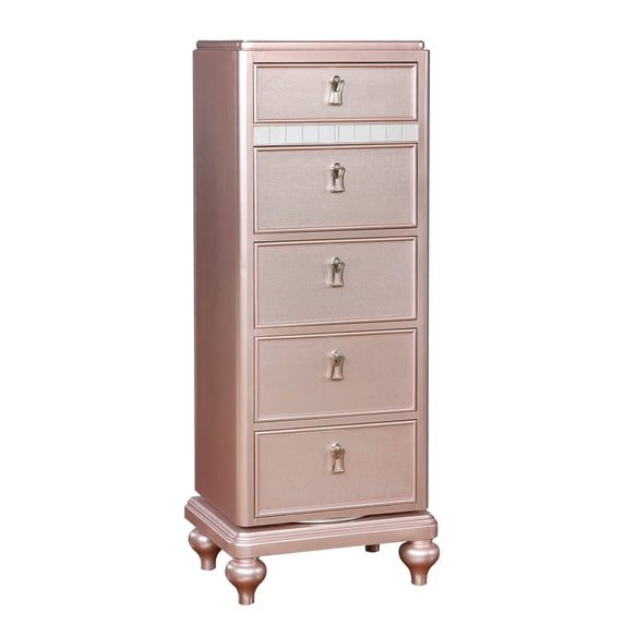 Benjara Wooden Frame 5 Drawer Swivel Chest with Mirror Trim, Rose Gold