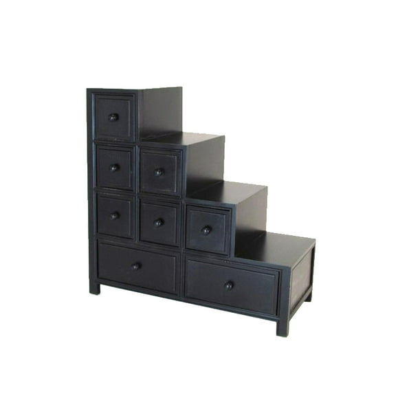 Wooden Frame Reversible Step Chest with 8 Drawers, Antique Black- Saltoro Sherpi