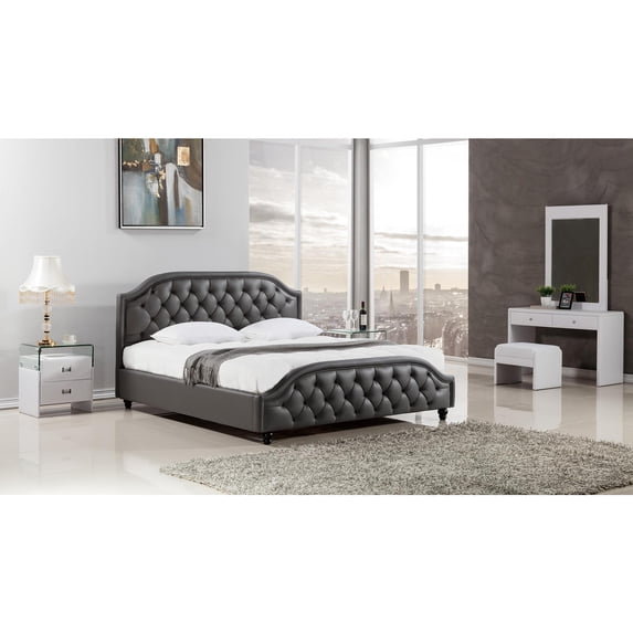 Benjara Wooden Queen Size Bed with Button Tufted Leatherette Headboard and Footboard, Dark Gray