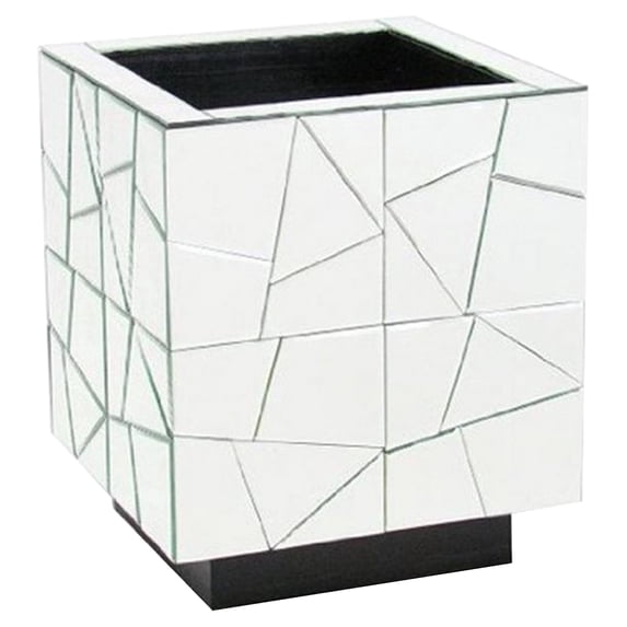 Benjara Wooden Stand with Geometric Mirror Inlay, Silver