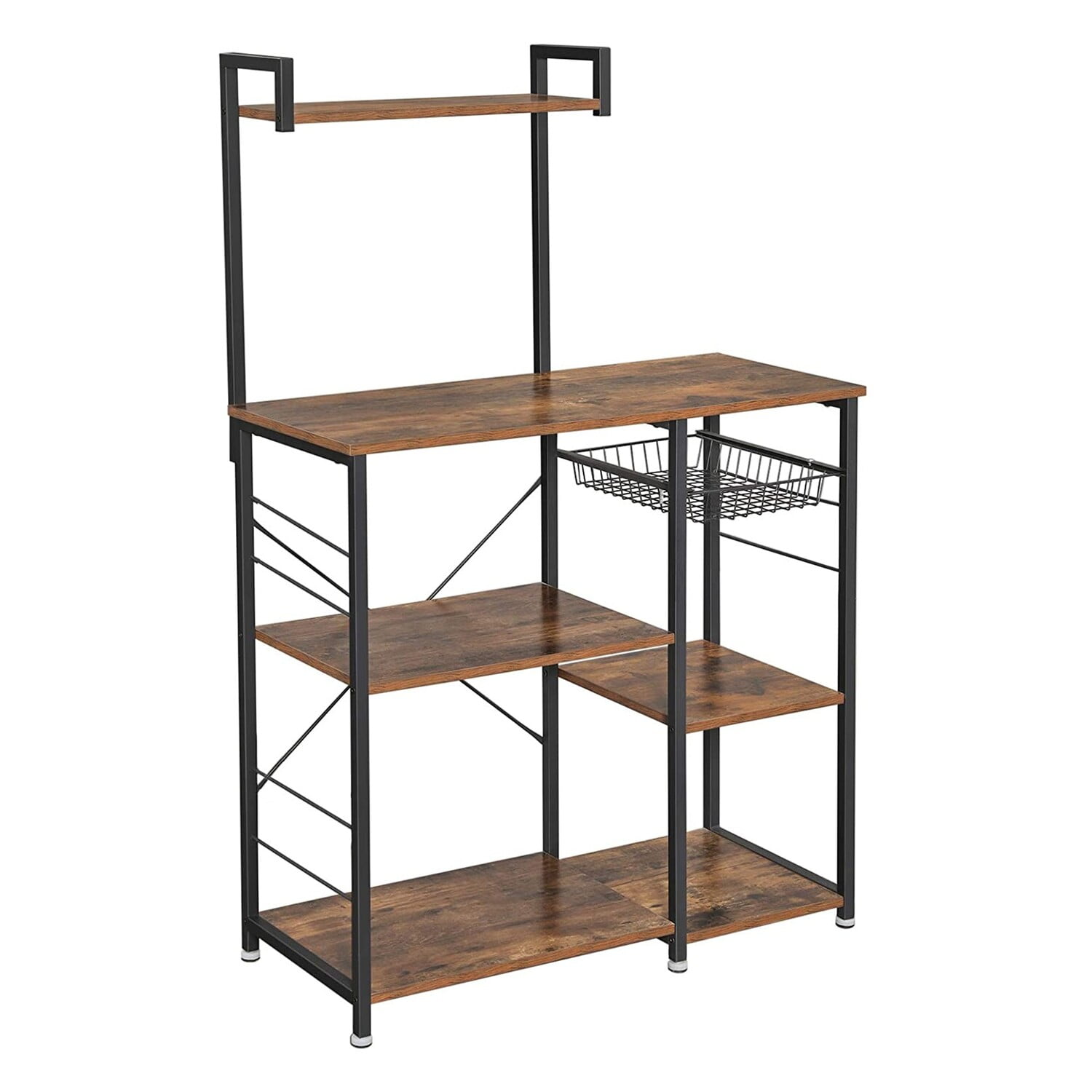 Wooden Utility Storage with 5 Shelves and Wire Basket, Brown and Black