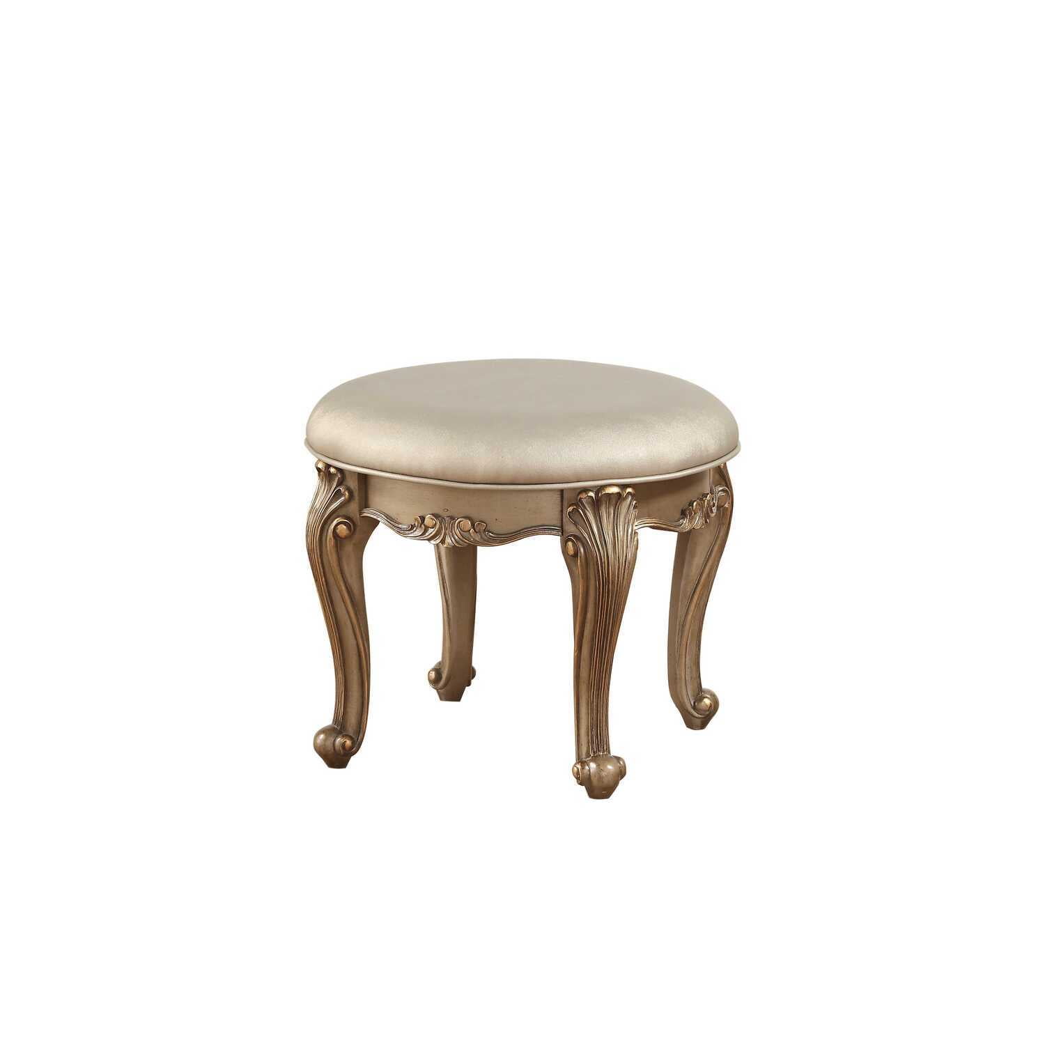 Benjara Wooden Vanity Stool with Round Leatherette Padded Seat and
