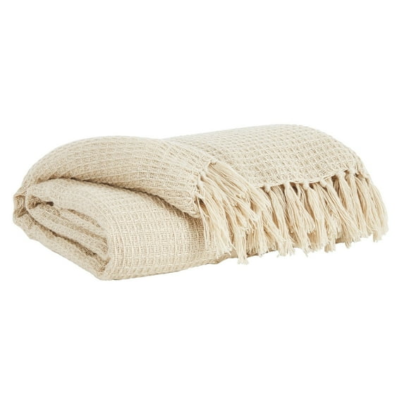 Benjara Woven Waffle Design Fabric Throw Blanket with Tassels, Set of 3, Cream