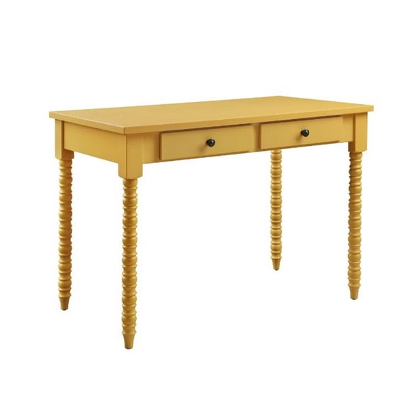 Benjara Writing Desk WIth Ornate Carvings and Turned Legs, Yellow