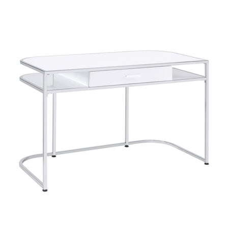 Benjara Writing Desk with 1 Drawer and 2 Compartments, White and Chrome