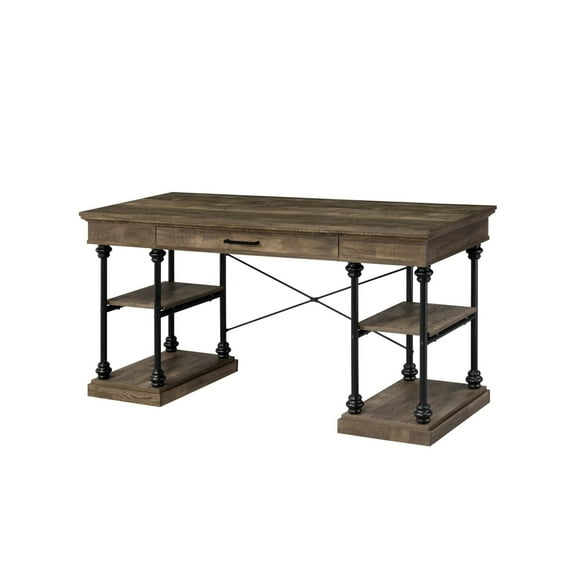 Benjara Writing Desk with 1 Drawer and Metal Pipe Design Support, Brown