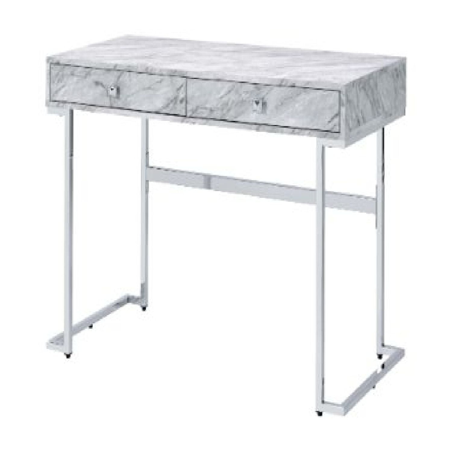 Industrial Gray Faux Marble Writing Desk with USB Port and Drawers