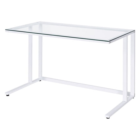 Benjara Writing Desk with Glass Top and Built in USB Port, Clear and White