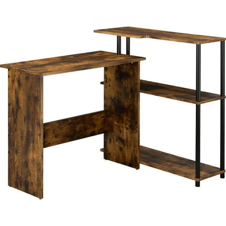 Benjara Writing Desk with L Shaped Design and Rough Hewn Saw Texture, Brown