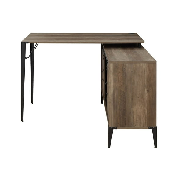 Benjara Writing Desk with L Shaped Tabletop and Sliding Barn Door, Brown and Black
