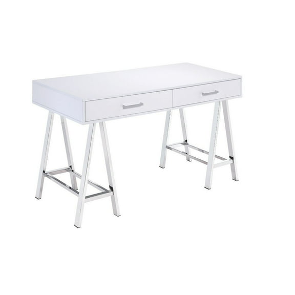 Benjara Writing Desk with MDF 2 Drawers and Metal Legs, White and Chrome-Finish:White and Chrome