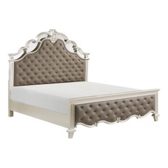 Xeni Queen Bed- Button Tufted Vegan Faux Leather Upholstery- Champagne