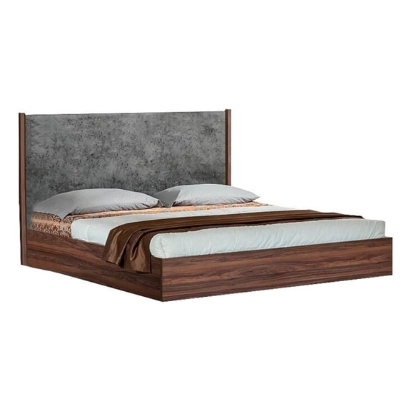 Benjara Xico King Size Platform Bed-Panel Design Headboard-Concrete Gray-Brown