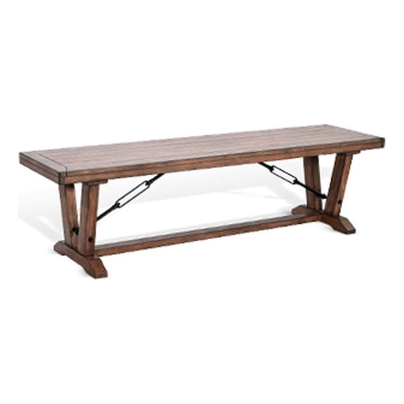 Benjara Yael Industrial Bench- Trestle Base- 70" Rustic Brown Solid Wood