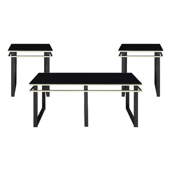 Zamie 3pc Coffee and End Table Set- Black Glass Top- Gold Accents