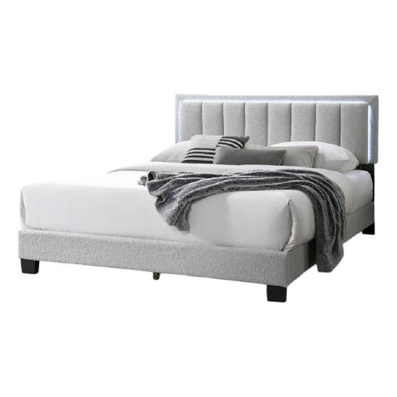 Zemo Queen Size Bed, LED Headboard, Tufted Light Gray Wool Upholstery