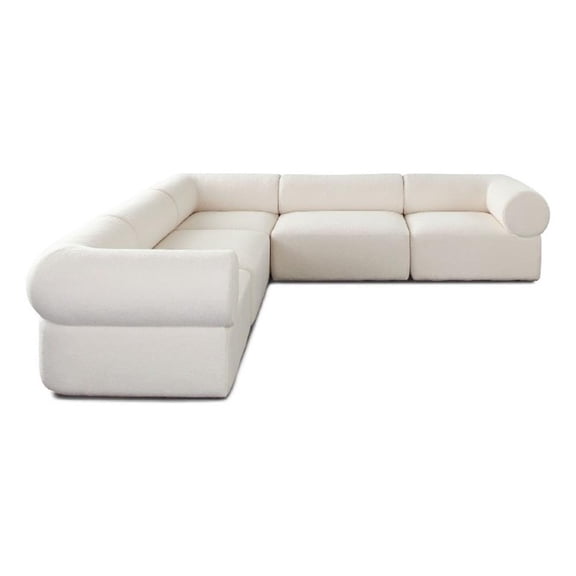 Benjara Zey 5pc Modular Corner L Sectional Sofa- Ivory Sherpa Fabric- 120 Inch