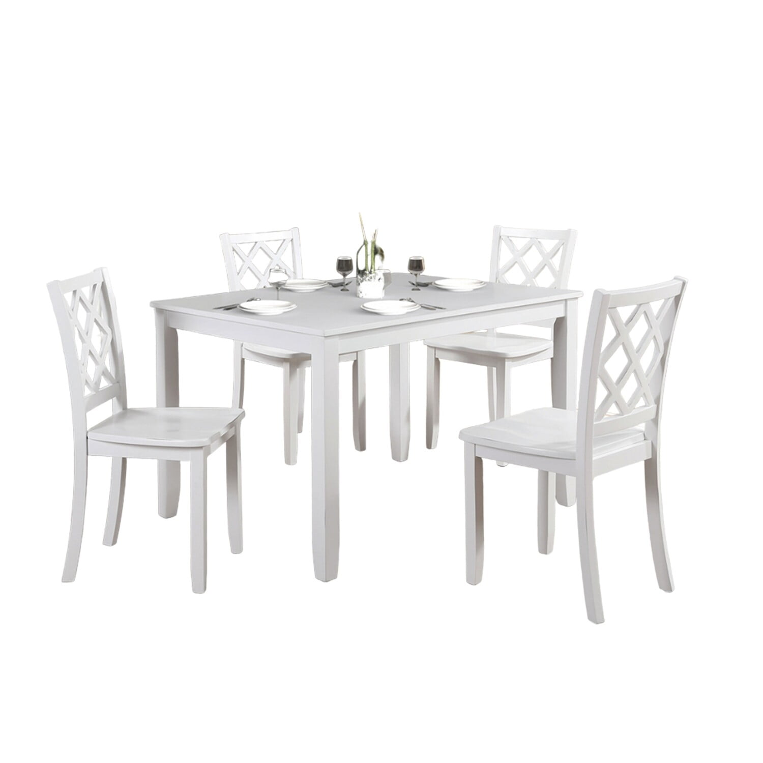 Benjara Ziko 5 Piece Dining Table Set, 4 Crossed Back Chairs, White Solid Wood