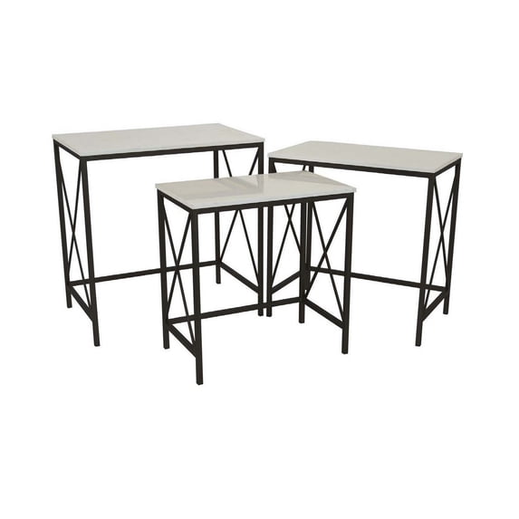 Benjara Zoe Plant Stand Table Set of 3-Metal-Rectangular Marble Top-Black Metal